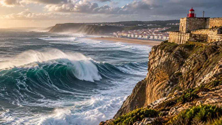 Onda gigante junto à falésia e ao farol da Nazaré